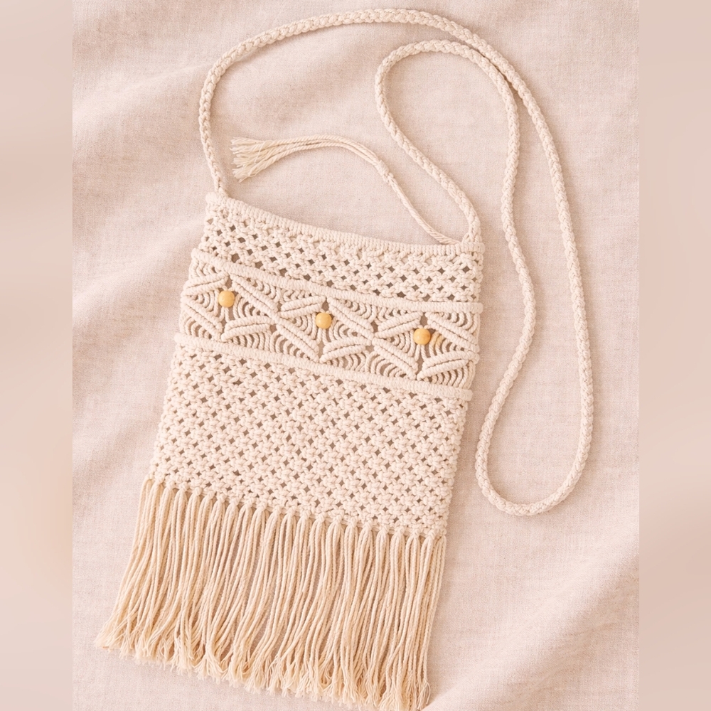 Macrame Fringe Crossbody Bag Cream Boho Woven Cotton Shoulder Bag
